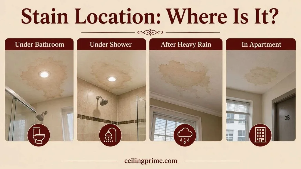 Pinpoint leak sources by evaluating where a water stain on ceiling appears in your home.