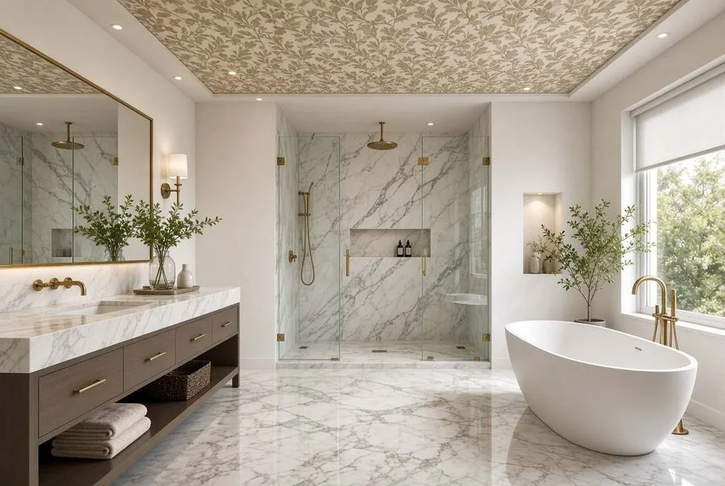 Elegant leafy accents add spa-like luxury overhead through a charming Bathroom Ceiling Wallpaper feature.