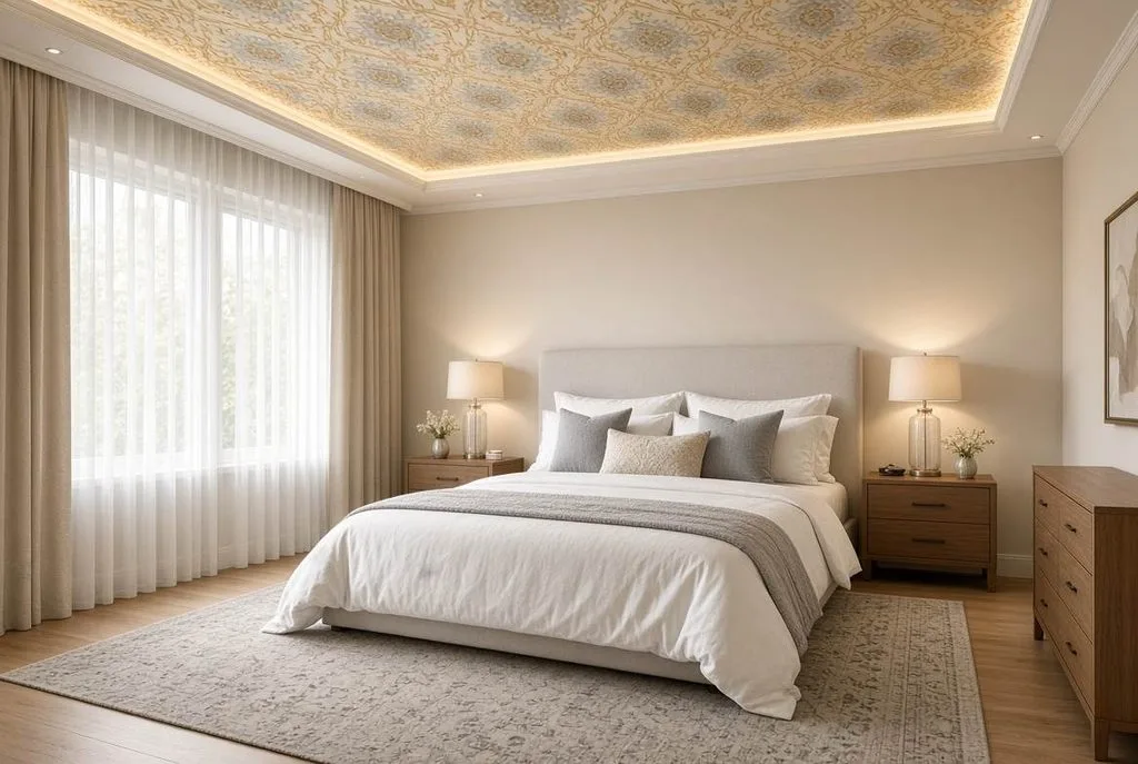 Soft ambient cove lighting pairs beautifully with a subtle patterned Bedroom Ceiling Wallpaper design.