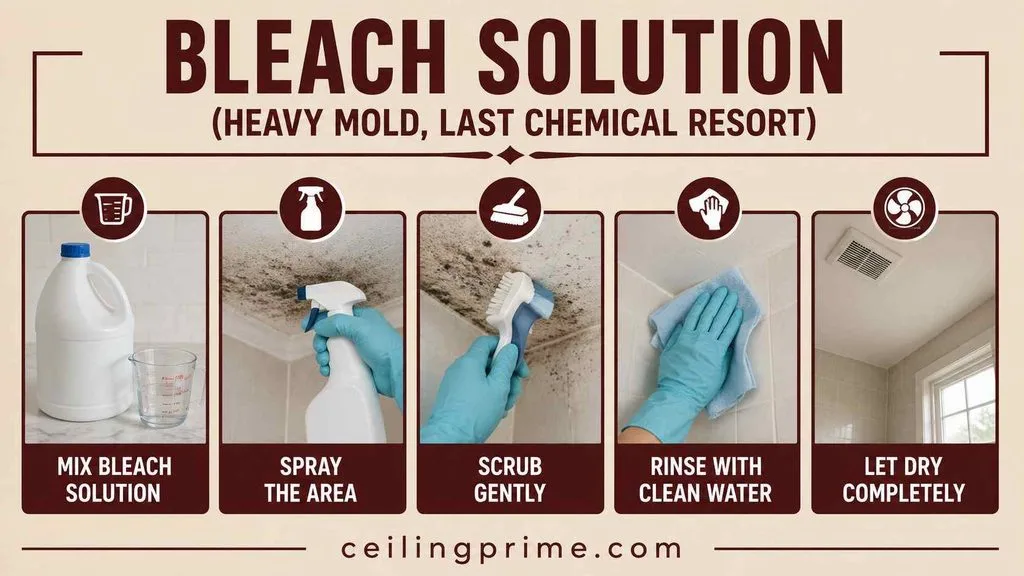 Learn how to clean mold from bathroom ceiling spots using a strong bleach solution safely.