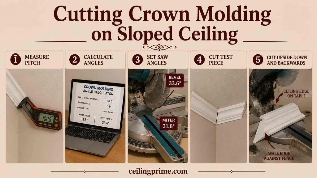 Master precise angle calculations and saw techniques for Cutting Crown Molding on Sloped Ceiling.