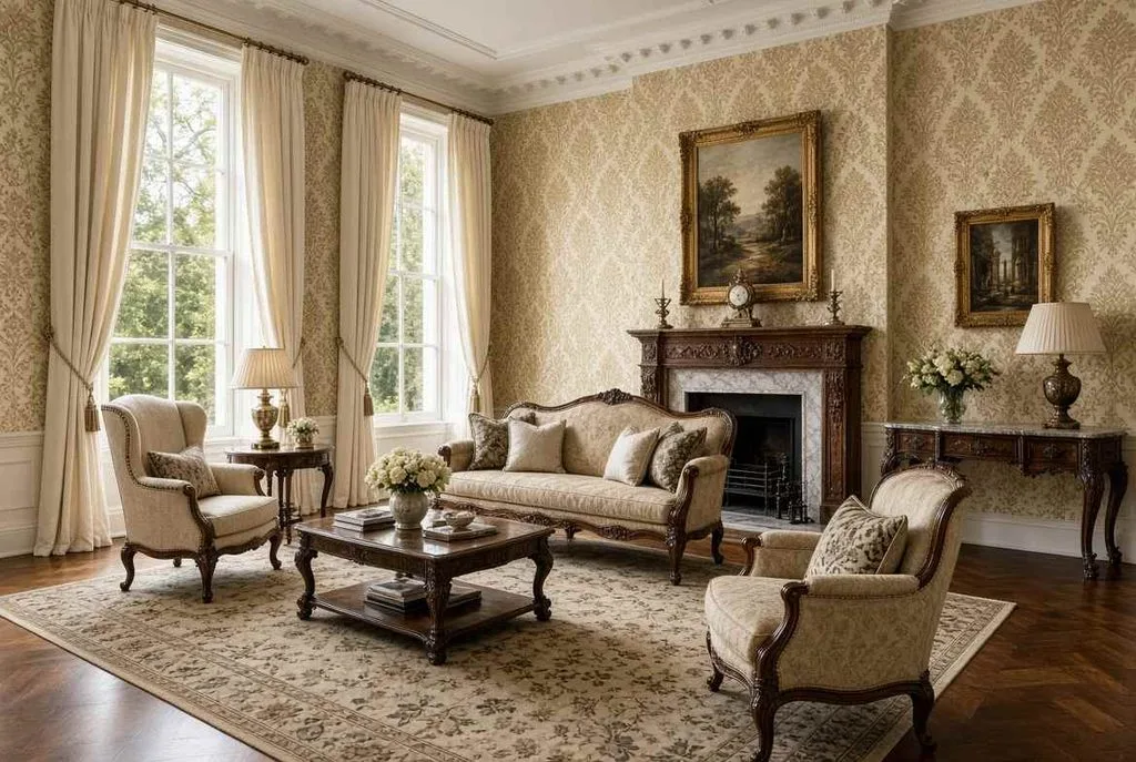 Timeless vintage elegance warms classic seating rooms enhanced with a ornate Wallpaper Ceiling motif.