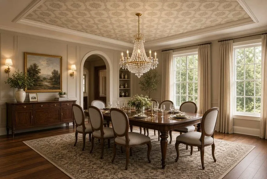 Complement elegant dining areas using a detailed Dining Room Ceiling Wallpaper design overhead seamlessly.