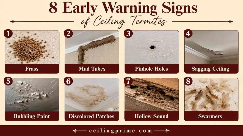 Identify early warning signs like frass, mud tubes, and sagging drywall from termites in ceiling structures.