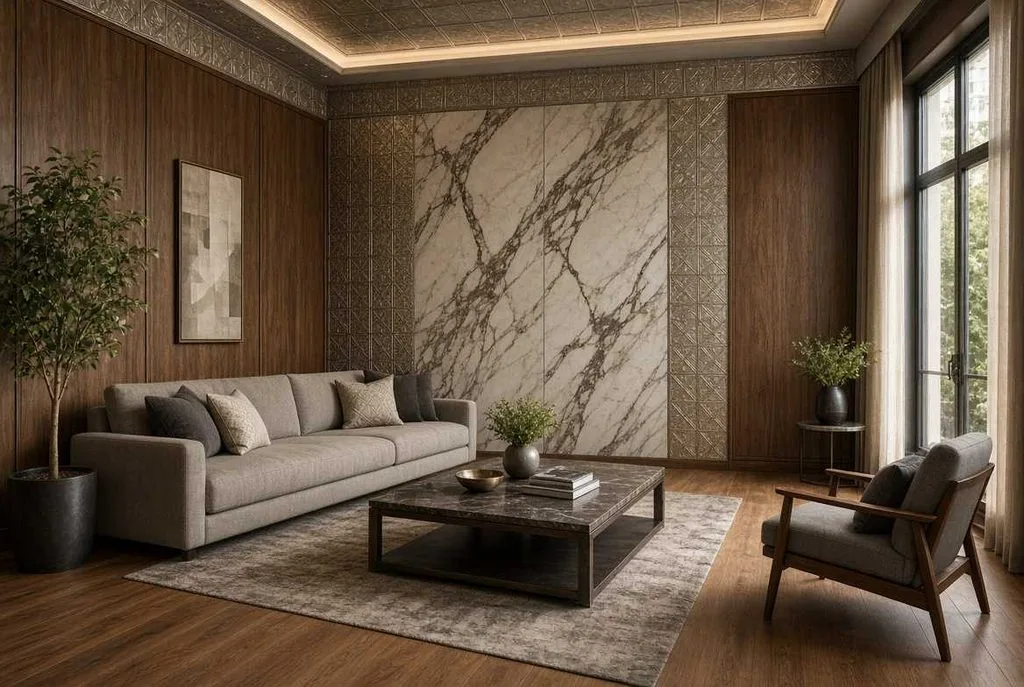 Rich textures combining wood and marble details elevate interiors using a distinctive Wallpaper Ceiling.