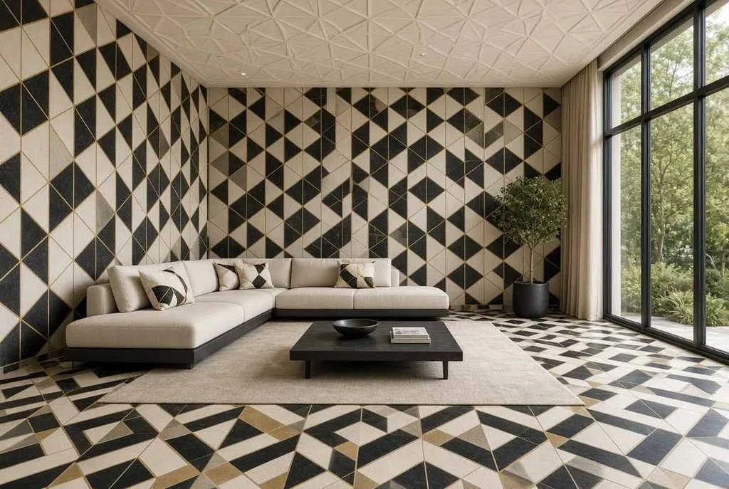 Create dynamic contrast using striking Geometric Patterns to transform any bold Wallpaper Ceiling space.