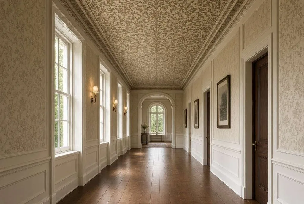 Add historic elegance along long corridors featuring decorative Hallway Ceiling Wallpaper overhead details.