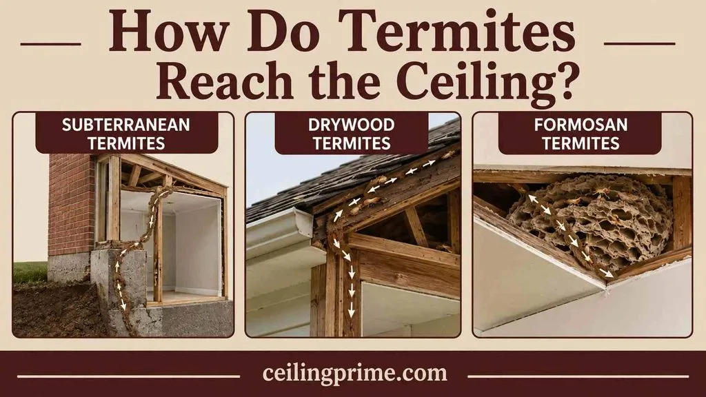Learn how subterranean, drywood, and Formosan species migrate upward to cause termites in ceiling infestations.