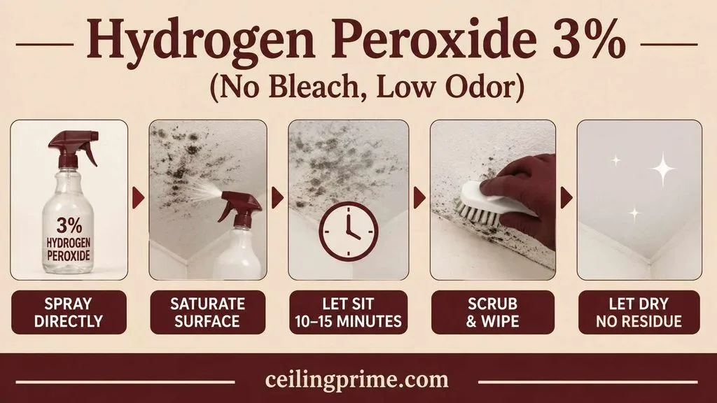 Use hydrogen peroxide when learning how to clean mold from bathroom ceiling surfaces without fumes.