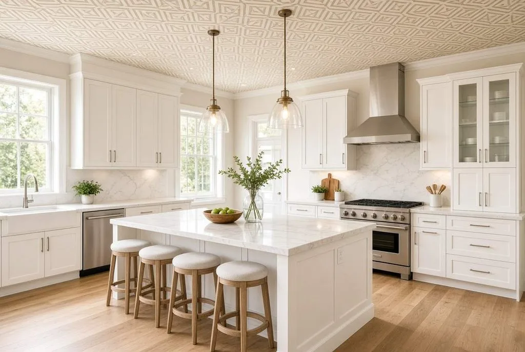 Brighten bright cooking spaces using a subtle patterned Kitchen Ceiling Wallpaper for maximum impact.