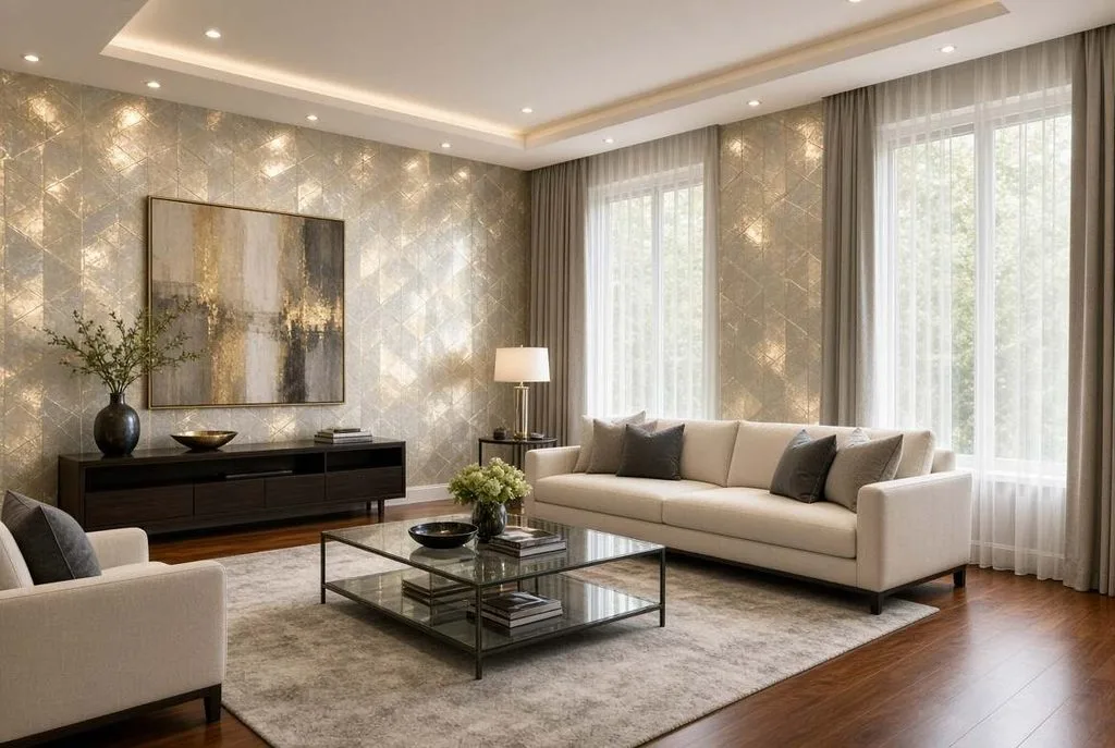 Reflect light stylishly by integrating a shimmering Metallic or Foil Accent Wallpaper Ceiling feature.