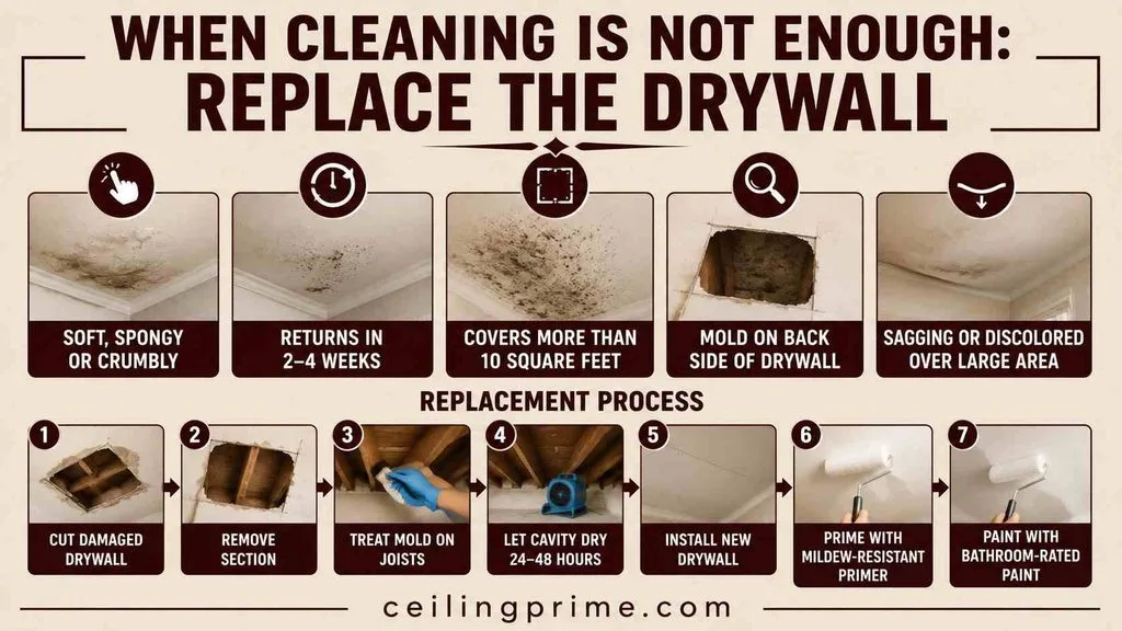 Understand how to clean mold from bathroom ceiling damage or properly replace destroyed drywall sections.