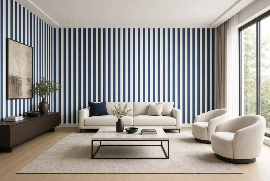 Bold blue vertical lines transform living spaces into modern retreats featuring a stylish Wallpaper Ceiling.