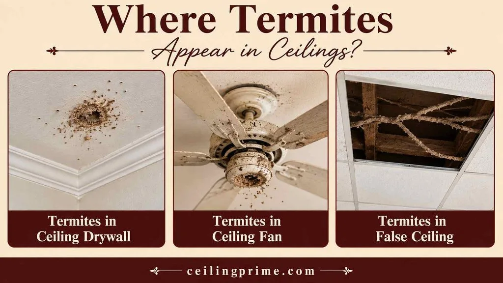 Spot early activity from termites in ceiling drywall, fan fixtures, and false ceiling frames quickly.