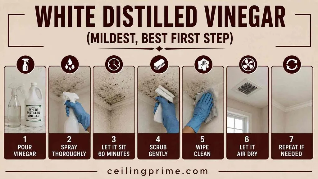 Discover how to clean mold from bathroom ceiling areas naturally using simple white distilled vinegar.